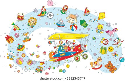 Santa Claus piloting a small colorful plane and scattering holiday gifts, toys and sweets out of his magical bag, vector cartoon illustration isolated on white