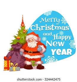 Santa Claus with pine and gifts. Merry Christmas. Vector