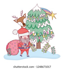 santa claus with pine tree and deer
