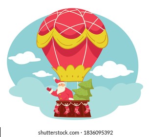 Santa claus and pine tree flying in hot air balloon. Christmas celebration, greetings with winter holidays. Grandfather frost and spruce above clouds. Xmas personages in airship, vector in flat