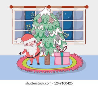 santa claus with pine tree in the house