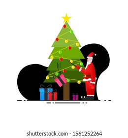 Santa Claus with a pine tree and some gifts