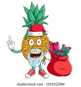 Santa claus of pineapple cartoon character carry a bag full of gift box with funny smile face