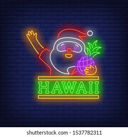 Santa Claus with pineapple neon sign. Glowing neon Santa, cocktail, Hawaii. New year, Christmas, winter. Vector illustration in neon style for greeting card, invitation, announcement