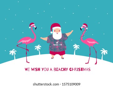 Santa Claus and Pink Flamingos greeting  banner on tropical beach with palm tree silhouettes. Winter Holidays. Cute vector greeting card. 