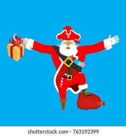 Santa Claus pirate. Christmas buccaneer. Gift box. Hook and wooden leg. New Year. Vector illustration
