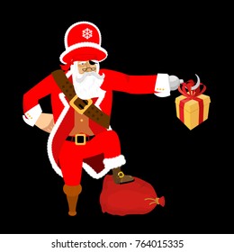 Santa Claus pirate. Christmas buccaneer. Gift box. Hook and wooden leg. New Year. Vector illustration
