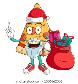 Santa claus of pizza slice cartoon character carry a bag full of gift box with funny smile face