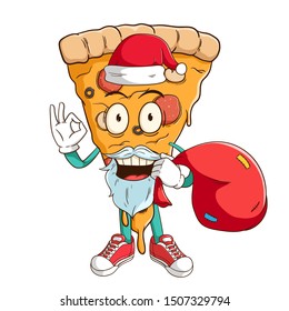Santa claus of pizza slice cartoon character carry a red bag with ok hand sign and funny smile face