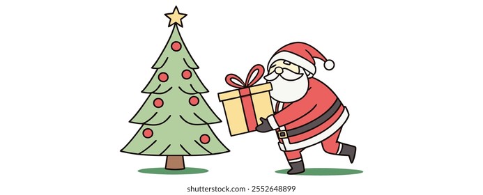 Papai Noel Colocando um Presente Sob a Árvore de Natal Ilustração de Festas