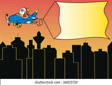 santa claus in a plane is pullin an advertising banner over the city