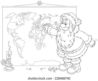 Santa Claus planning his route for delivery of Christmas gifts