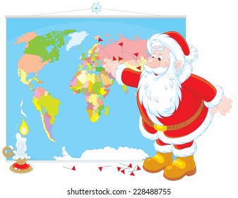 Santa Claus planning his route for delivery of Christmas gifts