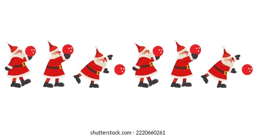 Santa Claus juega a la bolera con un patrón de frontera sin fisuras. Santa dibujada a mano cómica, ilustración de elemento de dibujo de la bola de bolos. fondo de invitación de fiesta de Navidad víspera, plantilla de marco de volante de tarjeta