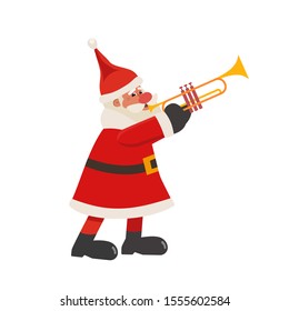 Santa Claus play trumpet vector icon isolated on white. Cartoon cute Father Christmas character full length portrait. Winter season holiday sale invitation, event celebration background Illustration