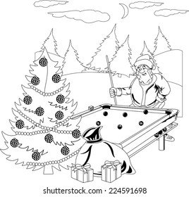Santa Claus playing billiards in the winter forest