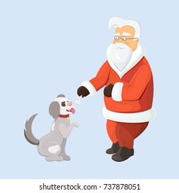 Santa Claus playing with dog. Santa with pawing dog isolated. Santa gives a bone to his pet. Dog as a symbol of New Year 2018.