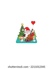 Santa Claus playing the guitar vector, Xmas tree, ice man, gifts isolated on with background.  Perfect for coloring book, textiles, icon, web, painting, books, t-shirt print. 