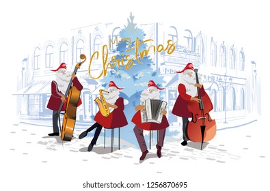 Santa Claus playing instruments in the old city. Christmas greeting card background poster. Holy Night. Vector illustration.