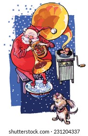 Santa Claus playing music and dog at home. Christmas Card. VECTOR.