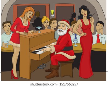 Santa Claus Playing Piano In A Bar