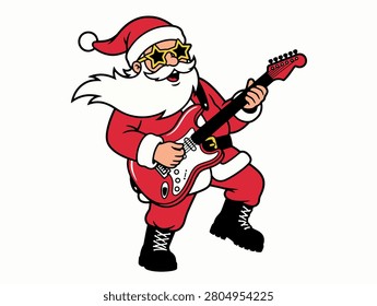 Santa Claus playing red electric guitar wearing star sunglasses in fun festive christmas performance