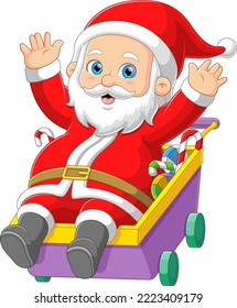 The Santa claus is playing and riding a candy cane trolley with a happy face of illustration