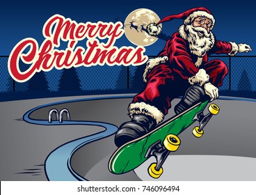 Santa claus playing skateboard in the pool