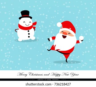 Santa Claus playing in the snow. Snowman ironic watching him. Funny emotional characters for the Christmas and New Year design. A humorous collection of Xmas. Vector illustration