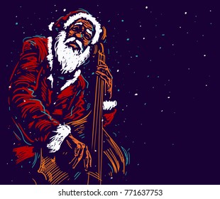 Santa Claus plays contrabass. Christmas musical poster. Vector illustration