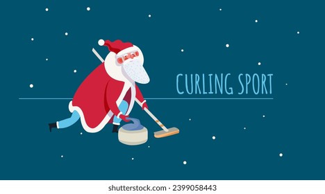 Santa Claus plays curling isolated illustration. Cartoon Santa Claus pushes a stone towards a target.