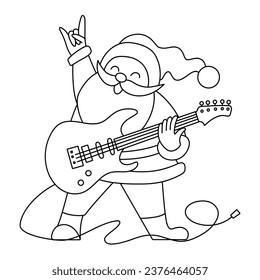 Santa Claus plays the electric guitar. Fun illustration for a coloring book. Line drawing. Vector illustration.