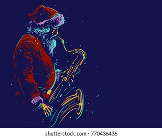 Santa Claus plays the saxophone. Christmas musical poster. Vector illustration