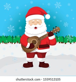 Santa Claus plays and sings Christmas song on guitar in the forest