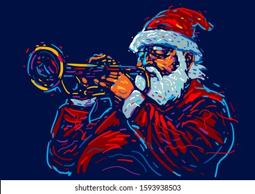 Santa Claus plays the trumpet. Christmas musical poster. Vector illustration