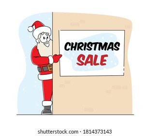 Santa Claus Point on Christmas Sale Banner Hanging on Wall. Xmas Character in Red Hat and Festive Costume Presenting Discount Announcement, Advertising, Price Off. Linear People Vector Illustration