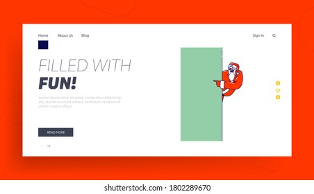 Santa Claus Point on Green Rectangle Mockup Landing Page Template. Christmas Character in Red Hat and Festive Costume Presenting Advertising Mock Up or Empty Banner. Linear People Vector Illustration