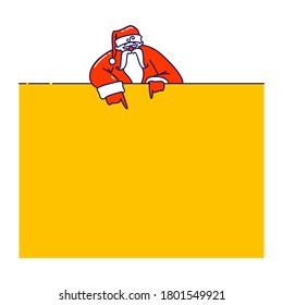 Santa Claus Point on Yellow Rectangle Mockup Empty Banner with Copy Space for Text. Christmas Character in Red Hat and Festive Costume Presenting Advertising Mock Up. Linear People Vector Illustration