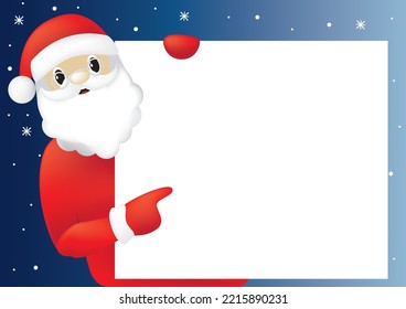 Santa Claus point their finger at empty blank. Christmas vector illustration.