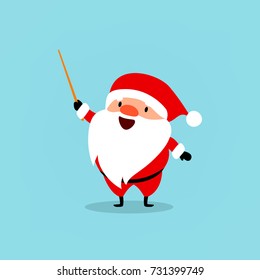 Santa Claus with pointer. Cute Christmas symbol. Element from the collection of Santa Clauses with different emotions and New Year's objects. Vector illustration isolated on light blue