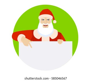  Santa Claus pointing at banner over white. Portrait of Santa Claus in a flat style. Vector illustration.