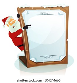 Santa Claus Pointing Christmas Background. Illustration of a cartoon happy santa claus character, pointing behind wood tablet with paper sign, for christmas holidays, wishes and children gift list