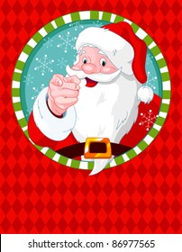 Santa Claus pointing. Greeting card