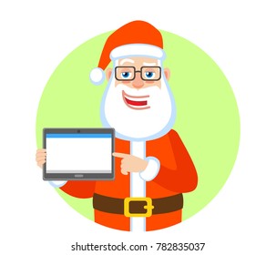 Santa Claus pointing his finger at tablet PC. Portrait of Cartoon Santa Claus Character. Vector illustration in a flat style.