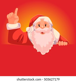 Santa Claus pointing up with place for text below, cartoon style vector illustration on red background. Half length portrait of Santa drawing attention to text below and pointing up