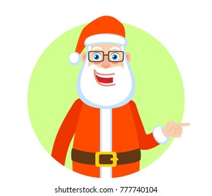 Santa Claus pointing something beside of him. Portrait of Cartoon Santa Claus Character. Vector illustration in a flat style.
