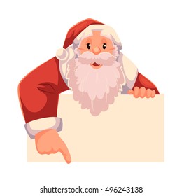 Santa Claus pointing to something, cartoon style vector illustration isolated on white background. Half length portrait of Santa looking from behind the wall and showing something, Christmas template