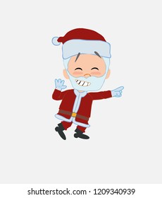 Santa Claus pointing to something funny on his left.																									
