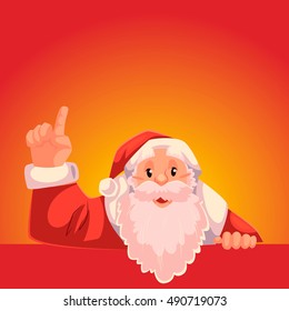Santa Claus pointing up to a text above, cartoon style vector illustration on red background. Half length portrait of Santa drawing attention to text above and pointing up