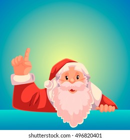Santa Claus pointing up to a text above, cartoon style vector illustration on blue background. Half length portrait of Santa drawing attention to text above and pointing up